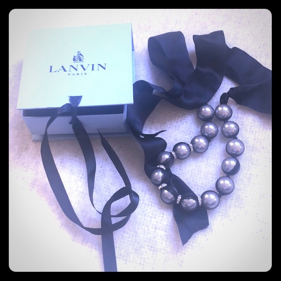 New Lanvin Pearl w Crystals Necklace Black Silk